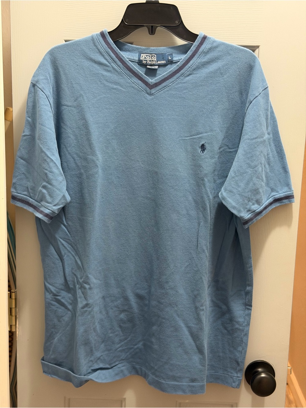 Polo by Ralph Lauren V-neck Shirt Light Blue with Dark Striped Trim Men’s Large